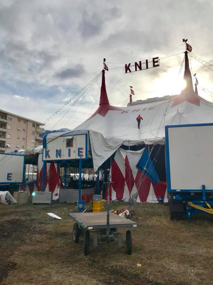 De circustent van Knie, opnieuw opgebouwd na de storm van gisteren. 